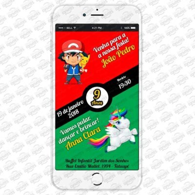 Convite Virtual Pokemon e Unicórnio para casal de gêmeos